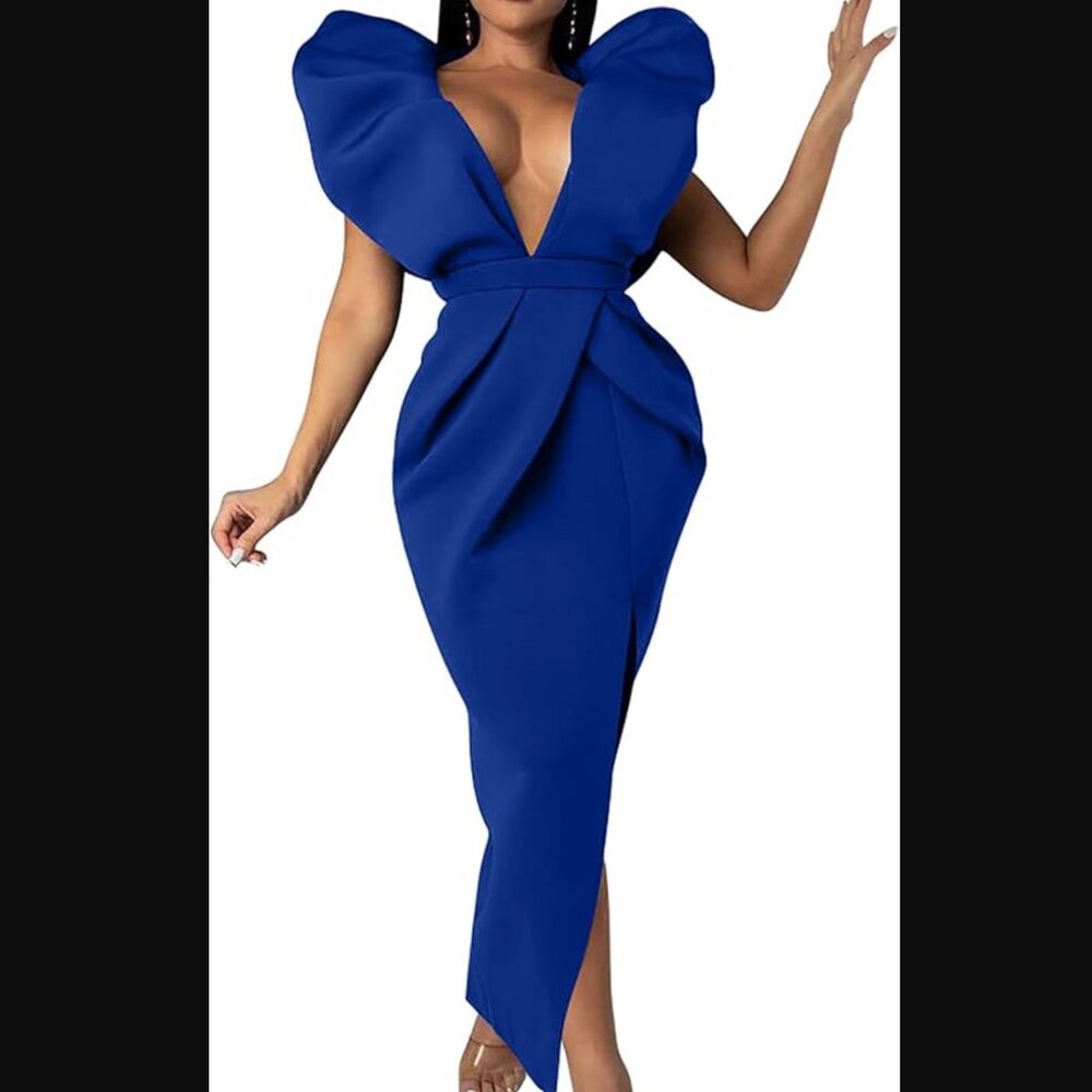 Memoriesea Women's Sexy Deep V Neck Puff Sleeve Side Split Ruched Backless Gown